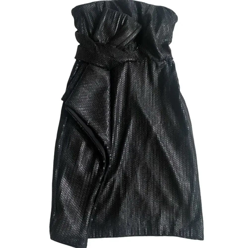 HALSTON HERITAGE NWT Strapless All Over Sequin Dress Bow Detail Matte Black Sz 2 - Picture 3 of 10